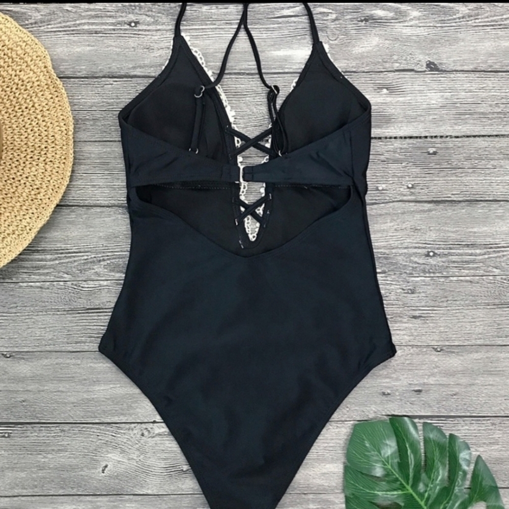 Misty Pearl Black One-Piece Swimsuit with White Lace Plunge - Picture 4 of 12